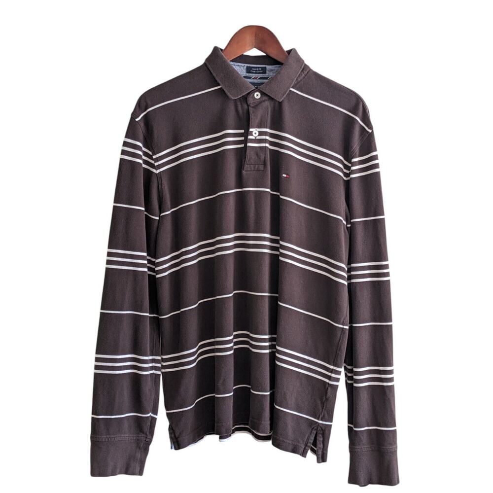 Tommy Hilfiger Polo Shirt Mens XL Long Sleeve Striped Mocha White Classic Preppy